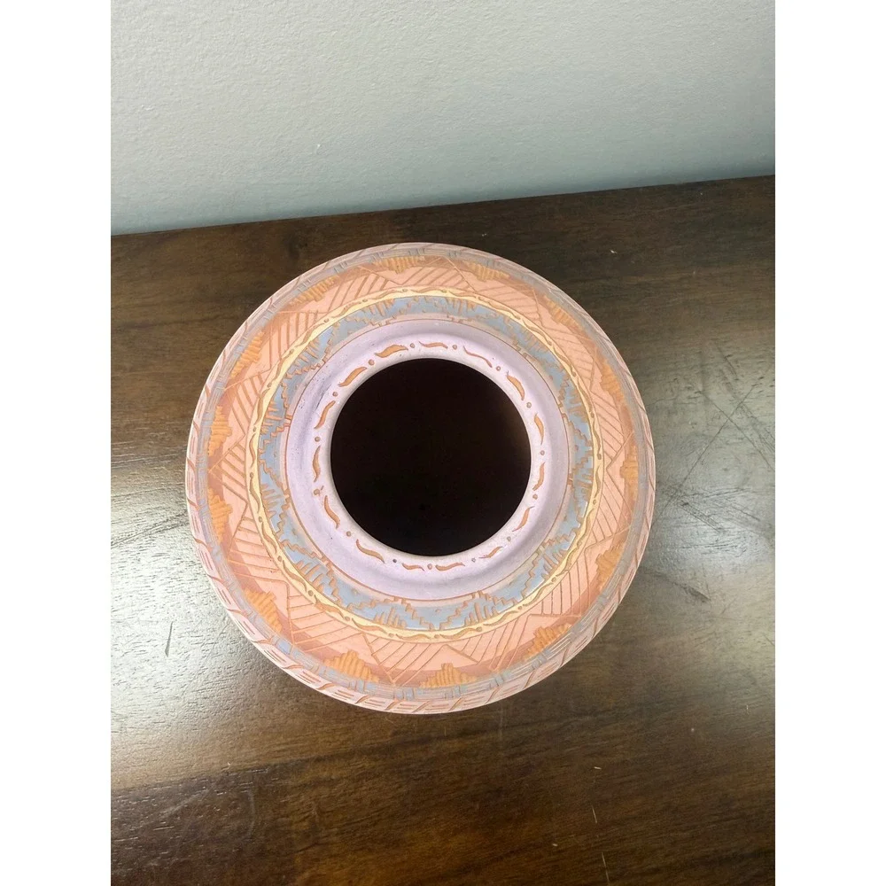P Nez Navajo Pottery Vase Hand Etched Sgraffito Southwestern Pink Lavender 5in